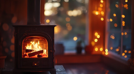 Rustic cast iron wood stove, bokeh background, cozy fireplace, vintage wood burner, warm interior, old fireplace, home heating, countryside charm, autumn ambiance. Ebonwood. Illustration