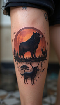 Wilderness Shadows: Wildlife Silhouette Leg Tattoos