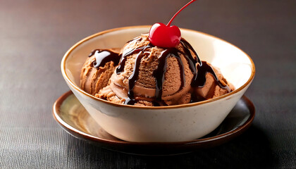 Scrumptious chocolate ice cream scoops, drizzled with rich chocolate sauce and topped with a vibrant cherry.  Perfect for dessert menus, food blogs, or advertising campaigns highlighting sweet treats.