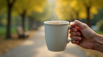 Obraz premium A hand holds a steaming mug outdoors on a sunny autumn day with blurred yellow and green foliage in the background