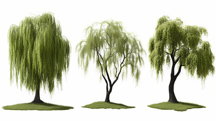 Set of salix babylonica (babylon willow or weeping willow) frontal set street trees isolated png on a transparent background perfectly cutout. Ebonwood. Illustration