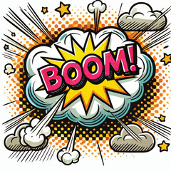 Cartoon comic sign burst cloud. Speech bubble, boom sign expression and   on a white background