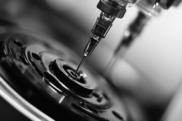 Focus on a precision instrument featuring a needle in a calibrated setting. The mechanical components are designed for accuracy in testing various materials.