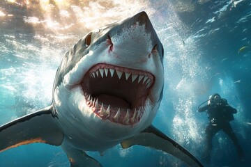 Obraz premium A diver observes a large shark with an open mouth showcasing its sharp teeth while swimming in clear blue waters illuminated by sunlight. The ocean is vibrant and alive.