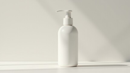 Sleek white pump bottle against a minimalist grey background, casting a soft shadow under sunlight