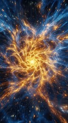 Fototapeta premium Swirling Fractal Pattern of Electric Blue and Gold Radiating Outward in a Cosmic Explosion. Generative AI