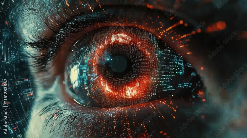 Poster exploring digital futures eye technology and visual data virtual environment close-up view futuristi