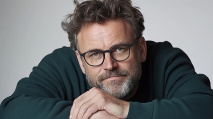Fototapeta premium A thoughtful middle-aged man with curly hair and glasses leans on his arms, conveying a sense of introspection and wisdom, This image can be used for articles on personal growth or mental health,