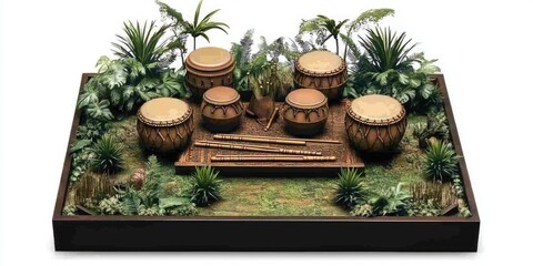 A vibrant diorama featuring traditional drums and flutes surrounded by lush greenery.