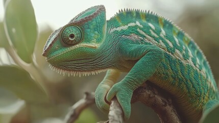 Fototapeta premium Vibrant Green Chameleon on Branch