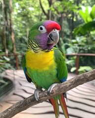 Obraz premium A colorful parrot perched on a branch in a lush green environment.