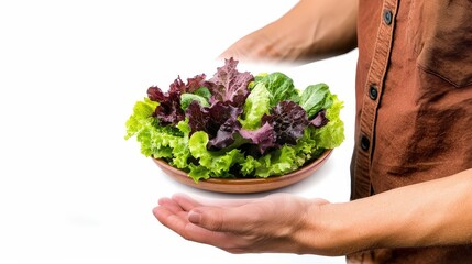 A fresh salad with leafy greens, including varieties of lettuce and possibly spinach, arranged in a wooden bowl. The vibrant colors and fresh appearance make it appealing for a healthy diet.