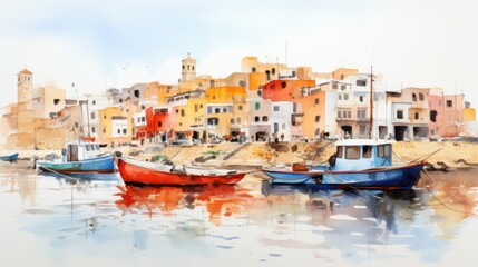 Watercolor Painting of a Coastal Town with Boats