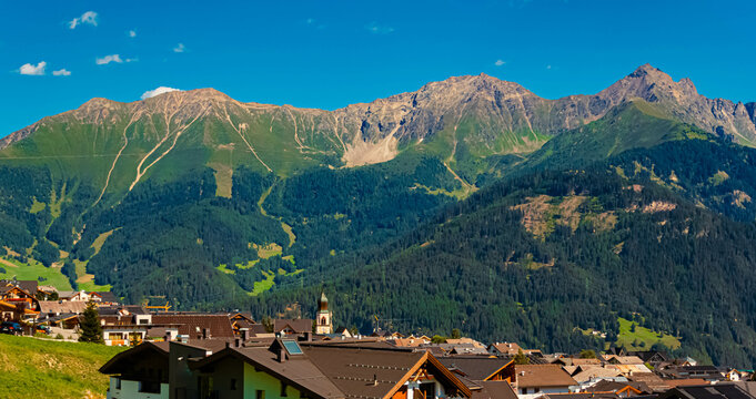 Alpine summer view with a church near Fiss, Inntal valley, Samnaun, Landeck, Tyrol, Austria