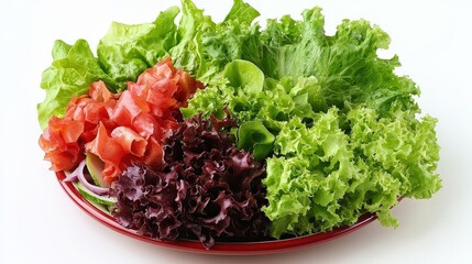 A fresh salad with leafy greens, including varieties of lettuce and possibly spinach, arranged in a wooden bowl. The vibrant colors and fresh appearance make it appealing for a healthy diet.