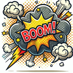Cartoon comic sign burst cloud. Speech bubble, boom sign expression and   on a white background