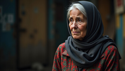 Charming portrait of an old woman in hijab against a colorful background, featuring text space, ideal for a banner promoting World Hijab Day.