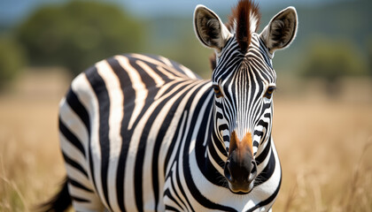 Fototapeta premium Striking zebra portrait featuring captivating features and iconic stripes, complemented by appropriate space for text, perfect for a wildlife conservation banner.
