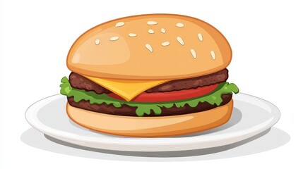 A delicious burger with a sesame seed bun, crispy bacon, a beef patty, lettuce, cheese, and sauce on a white plate. The combination of ingredients makes it visually appealing and appetizing.