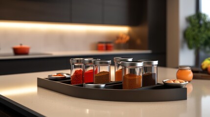 A modern kitchen showcasing pull-out spice racks, vertical organizers, and calming tones