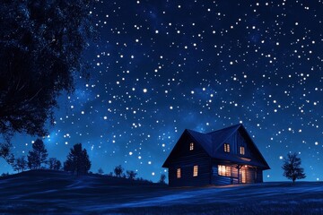 Fototapeta premium A cozy wooden house stands alone under a vast starry night sky. Bright stars twinkle above, illuminating the serene landscape and nearby trees, creating a peaceful atmosphere.