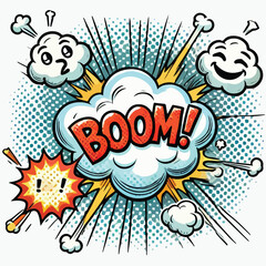 Cartoon comic sign burst cloud. Speech bubble, boom sign expression and   on a white background