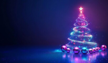 New Year background, a dark blue gradient background with a Christmas tree made of light and glowing
