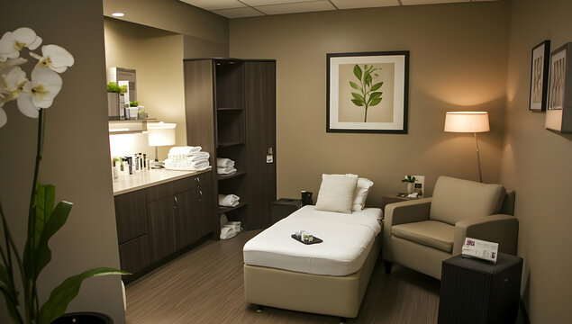 A serene wellness room with a chair, bed, and calming decor for relaxation.