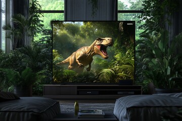 modern living room with tv there is a dinosaur jumping out of a tv screen breaking the 3rd wall,...