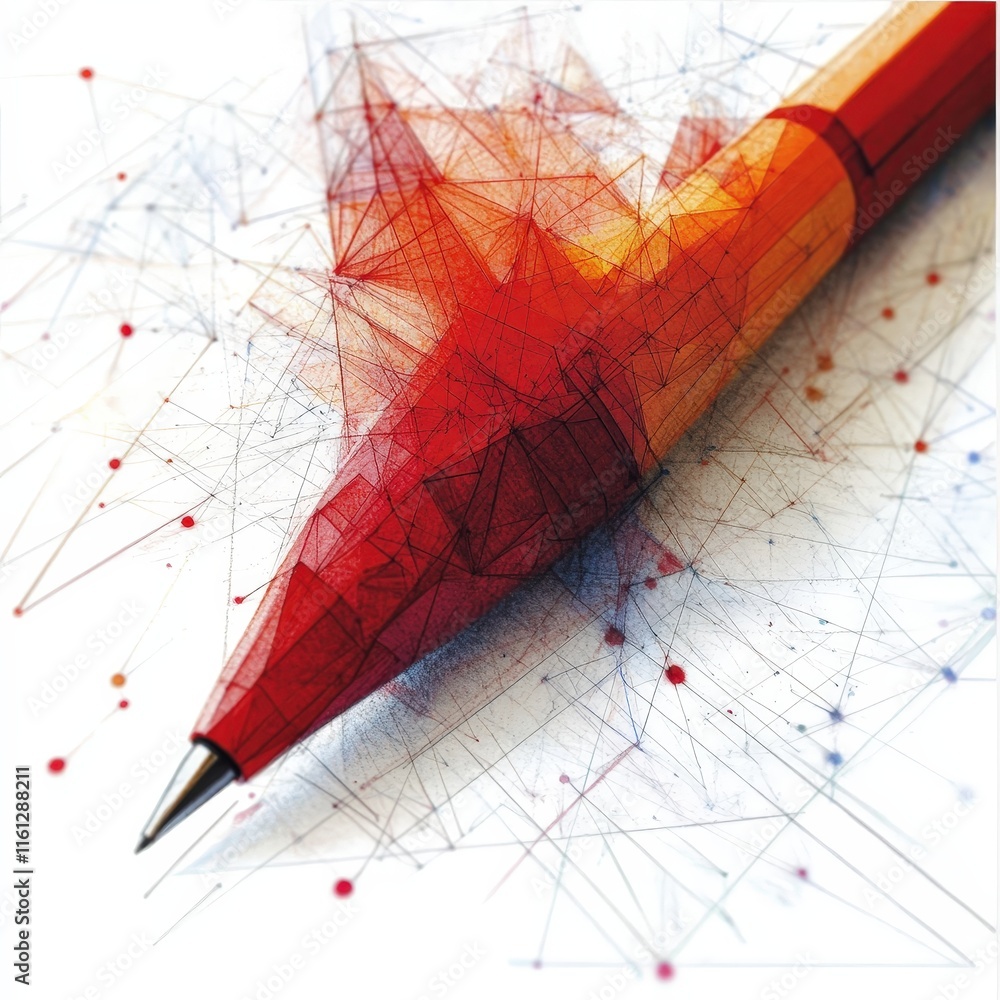 Poster dynamic red pencil artwork with geometric lines and abstract elements