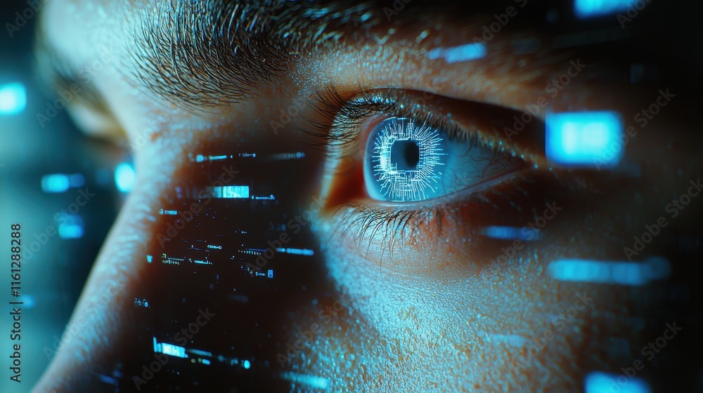 Poster exploring digital perception futuristic eye technology in a cyber environment close-up view innovati