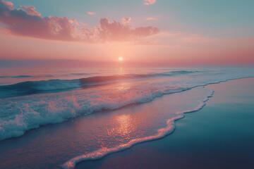 Photo réaliste d’une plage déserte au lever du soleil, où des teintes délicates de rose et d’orange colorent le ciel, tandis que de petites vagues caressent doucement le rivage de sable