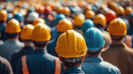 Construction safety meeting job site group photo industrial environment close-up workers in hard hats