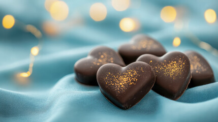 Fototapeta premium Heart-Shaped Chocolates on Teal Fabric with Soft Lighting