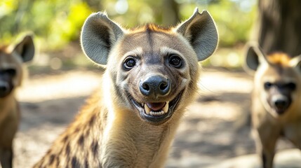 Obraz premium A close-up of a smiling hyena with others in the background, showcasing their playful nature.