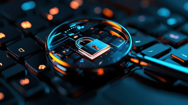 Cybersecurity analysis magnifying glass on lock icon digital keyboard close-up technology concept