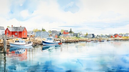 Serene Coastal Village: Watercolor Painting of a Picturesque Harbor with Boats and Houses