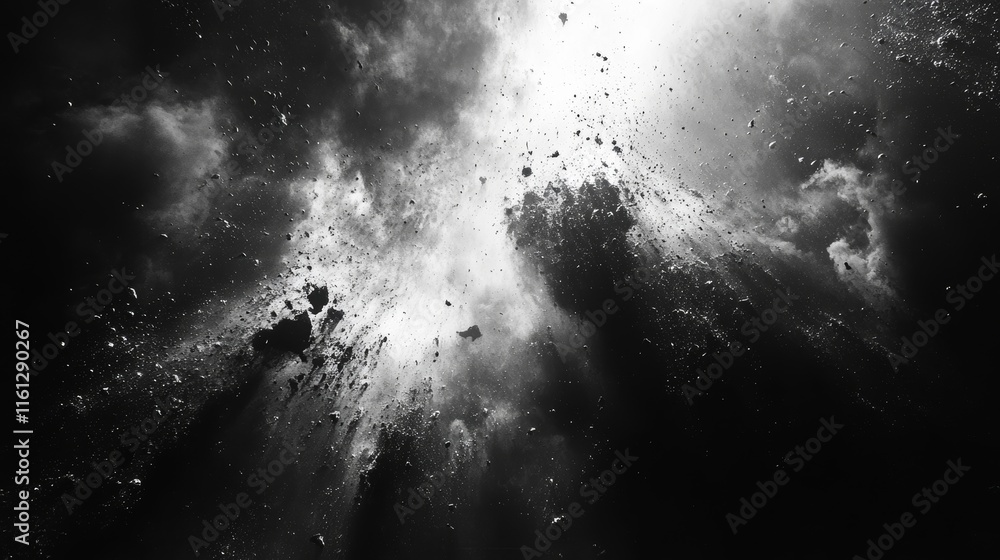 Aufkleber bursts scatter across a shadowy backdrop in chaotic harmony., generative ai