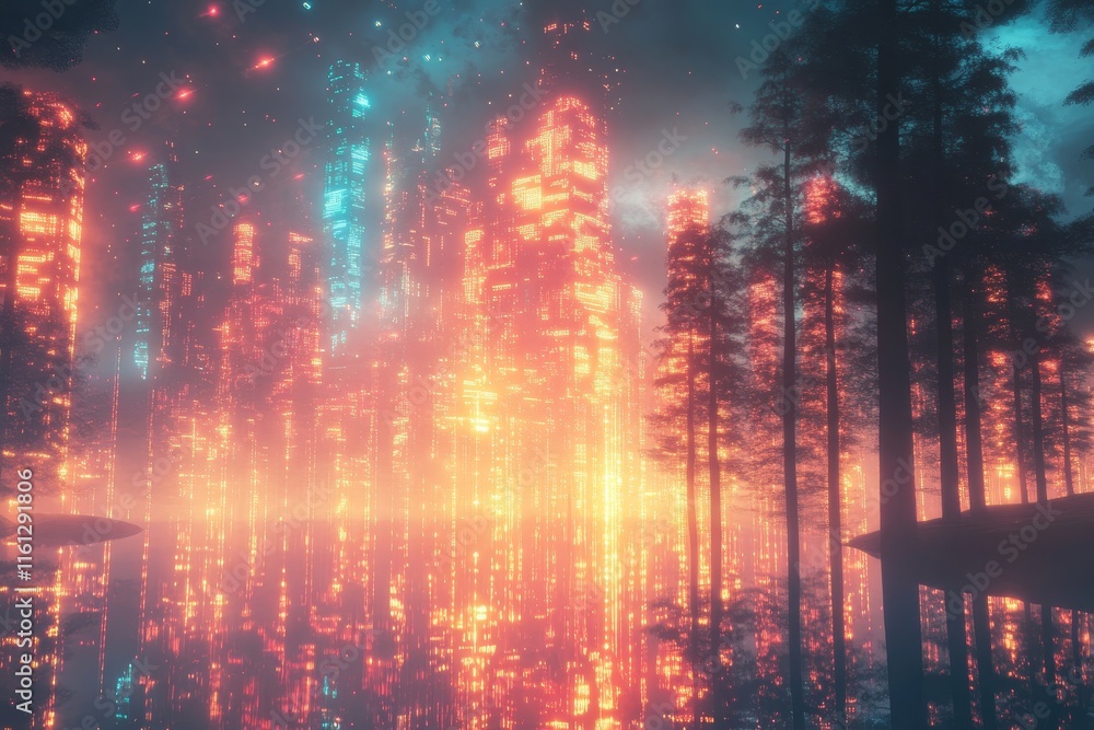 Poster mirages pulse through glowing surreal digital dreamscapes., generative ai