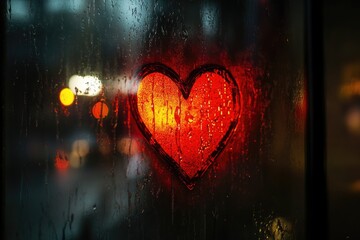 Obraz premium Rainy Night Heart Shaped Light City Window