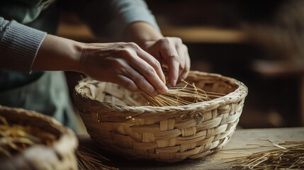 "Stock photo of a decorative basket being crafted."

