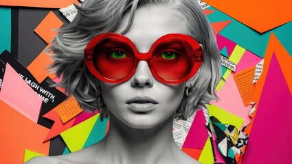 A model showcases vibrant red sunglasses against a backdrop of colorful paper shapes, creating an electrifying fusion of modern art and style. The unexpected color contrast draws attention