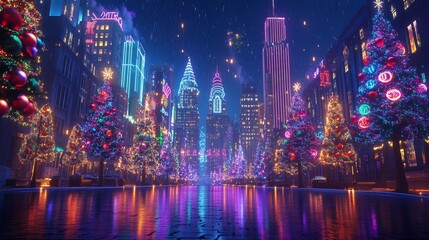 Obraz premium Neon Winter Wonderland: Cityscape with holographic Christmas decorations