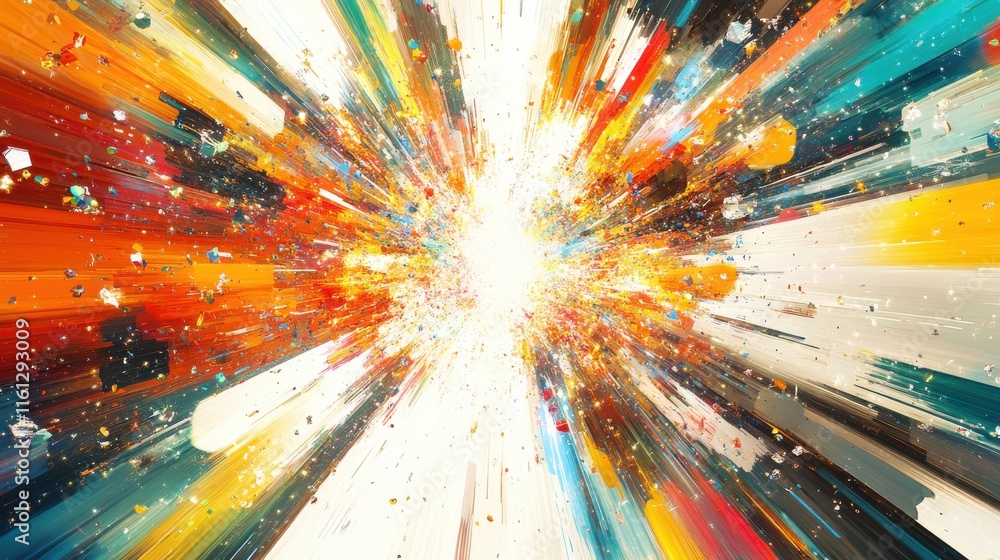 Poster a vibrant explosion of colors radiates outward, creating a dynamic and energetic visual effect that 