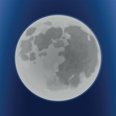 Realistic full moon with craters. Vector on a blue background