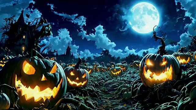 Spooky Pumpkin Patch under Moonlight: A scene of carved pumpkins glowing with an eerie light under a full moon on Halloween night, with a hint of haunted houses and dark silhouettes in the background.