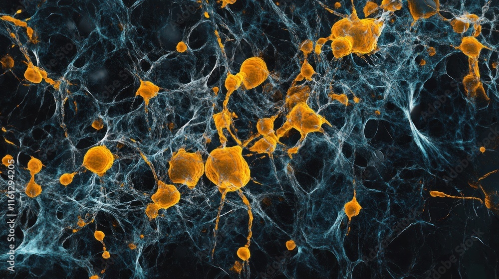 Poster microscopic view of complex neural network with glowing neurons.
