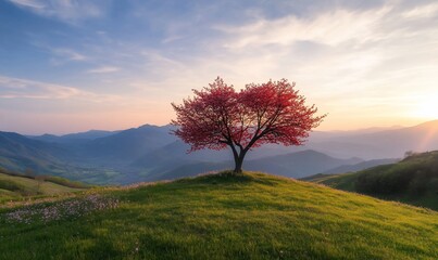 A vibrant cherry blossom tree on a grassy hill at sunset.