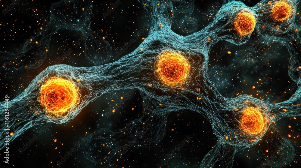 Poster exploring cellular activity and structure in microscopic images laboratory science visualization abs