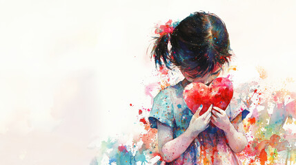 Child holding heart, surrounded by colorful splashes of paint, expressing love